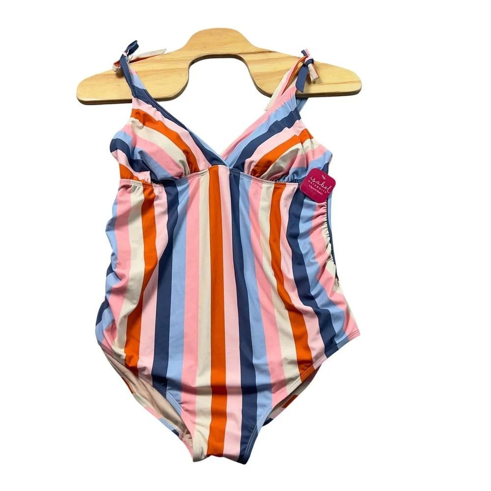 Isabel Maternity Ingrid & Isabel XXL Striped Tie Shoulder One Piece Swimsuit NEW
